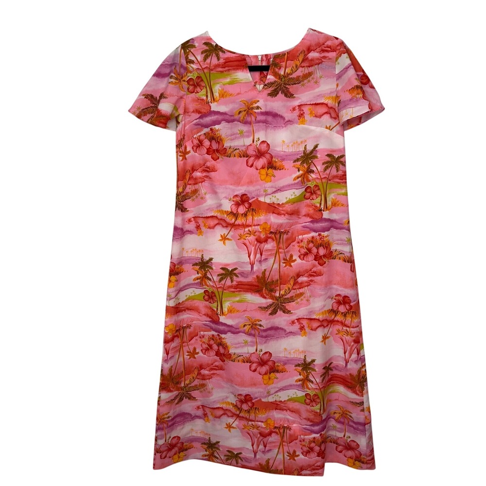 Made In Hawaii‎ Vintage Maxi Dress Hawaiian Palm Tree Floral Pink Summer Size 12
